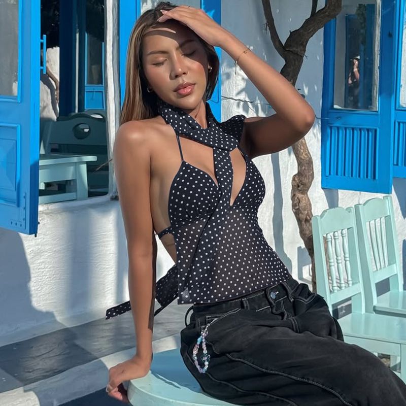 Women Sexy Camisole Top Sleeveless Backless V-Neck Polka Dot Print Tank Top Y2k Coquette Halter Neck Cami Crop Top