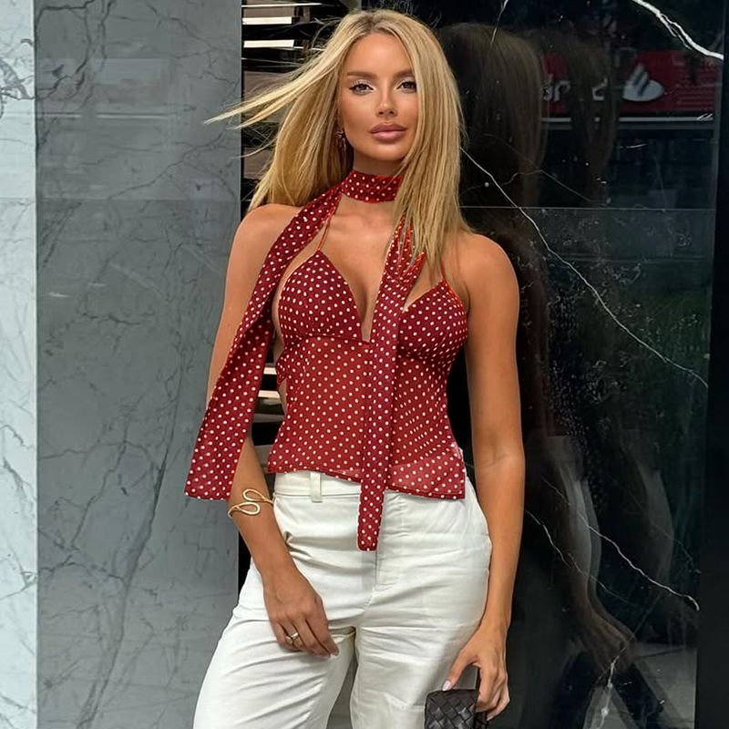 Women Sexy Camisole Top Sleeveless Backless V-Neck Polka Dot Print Tank Top Y2k Coquette Halter Neck Cami Crop Top
