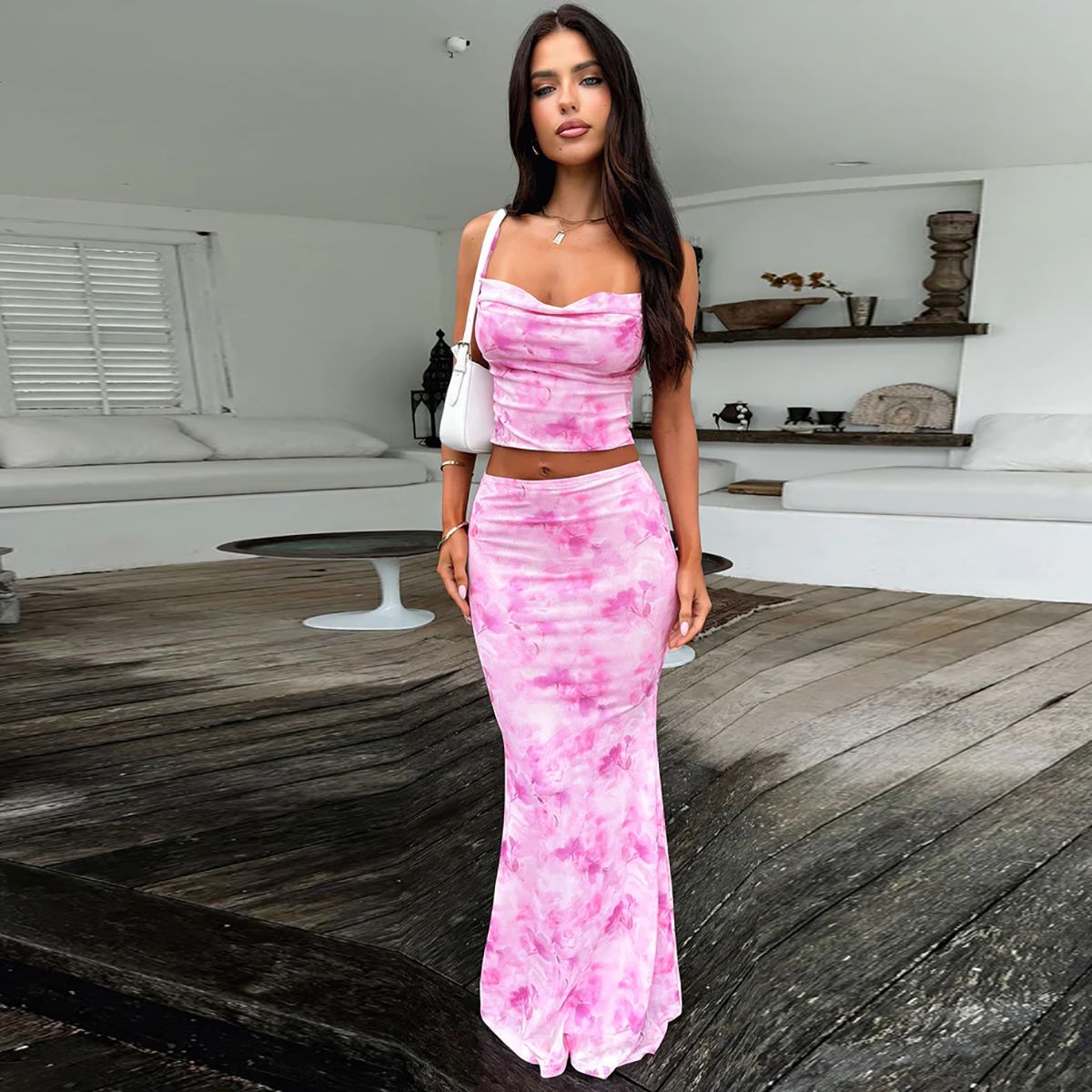 Strapless Print Sexy Two Piece Sets Women Spaghetti Strap Crop Tops And Maxi Skirt Female Elegant Printed 2 Piece Sets