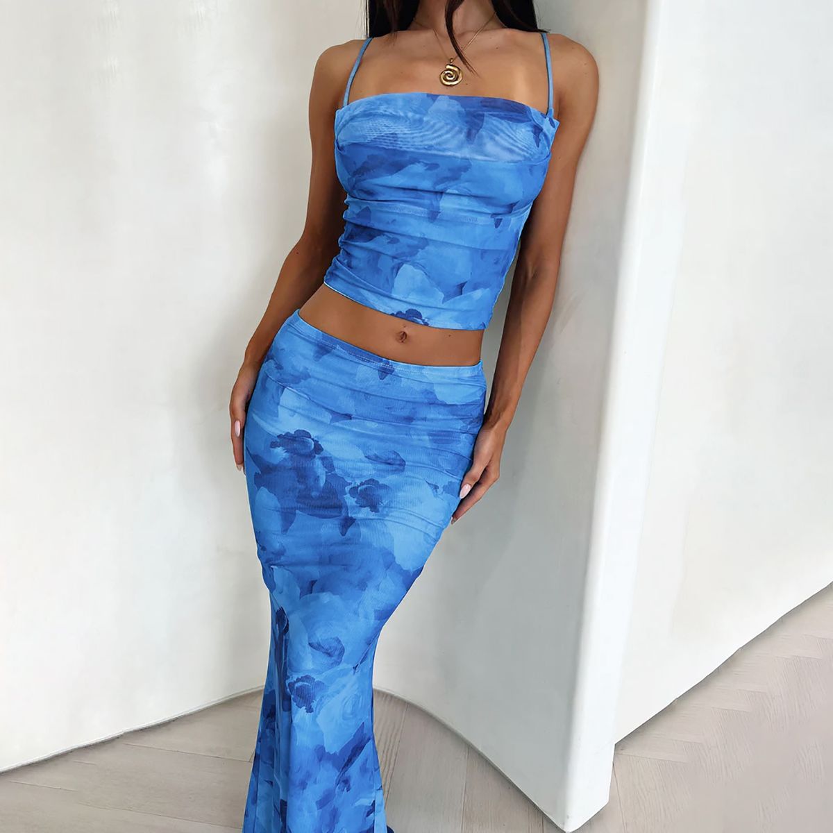 Strapless Print Sexy Two Piece Sets Women Spaghetti Strap Crop Tops And Maxi Skirt Female Elegant Printed 2 Piece Sets