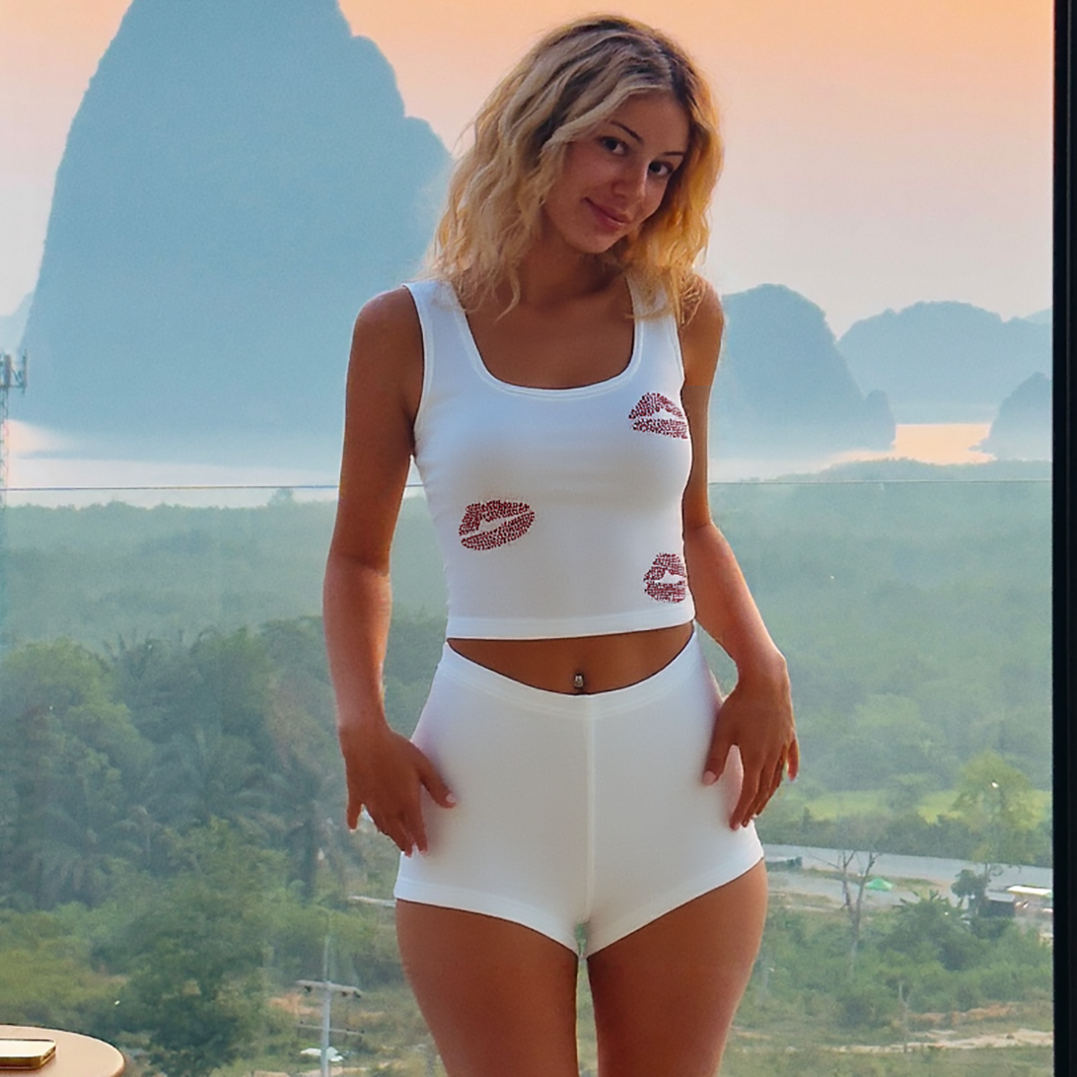 Fashion Sexy Rhinestones Lips Ribbed Tracksuits Women 2025 Summer Tank Tops and Shorts 2 Piece Set White Party Club Streetwear