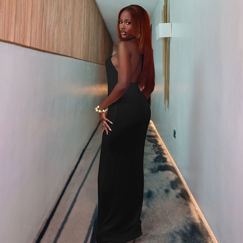 Halter Hollow Out Sexy Maxi Dress For Women Gown Fashion Off-shoulder Sleeveless Backless Bodycon Beach Club Dress