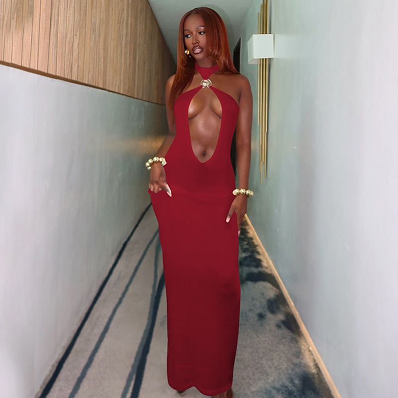 Halter Hollow Out Sexy Maxi Dress For Women Gown Fashion Off-shoulder Sleeveless Backless Bodycon Beach Club Dress