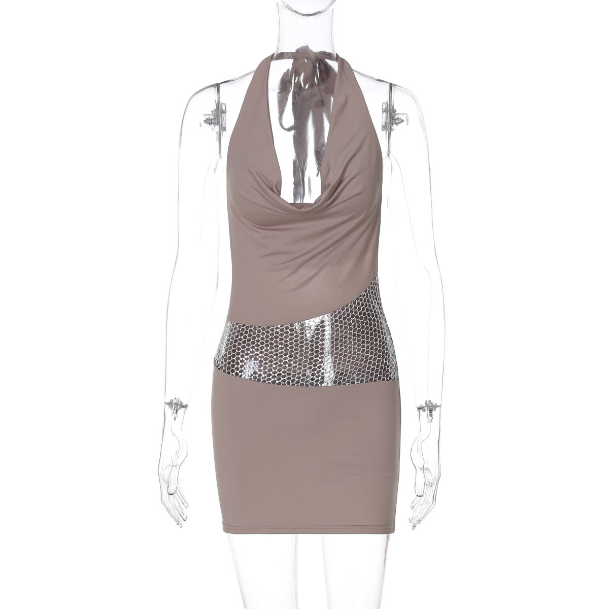 Ruched Hole Patchwork Swinging Collar Sleeveless Halter Backless Lace Up Mini Dress Sexy Elegant Outfit Party Clubwear