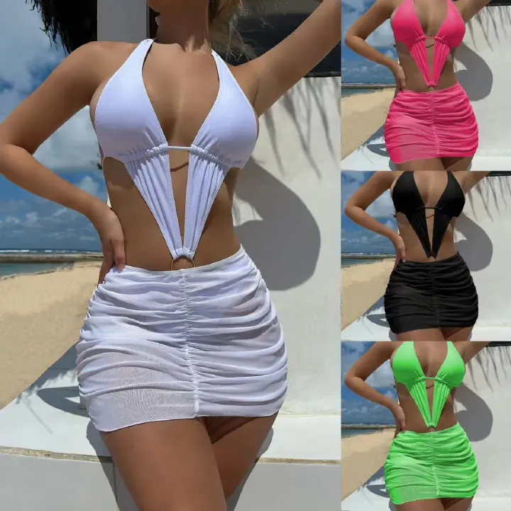 New Sexy 4 Color With Skirt Halter One Piece With Skirt Swimsuit Women Swimwear Female Monokini High Leg Cut Bather Bathing Suit Swim
