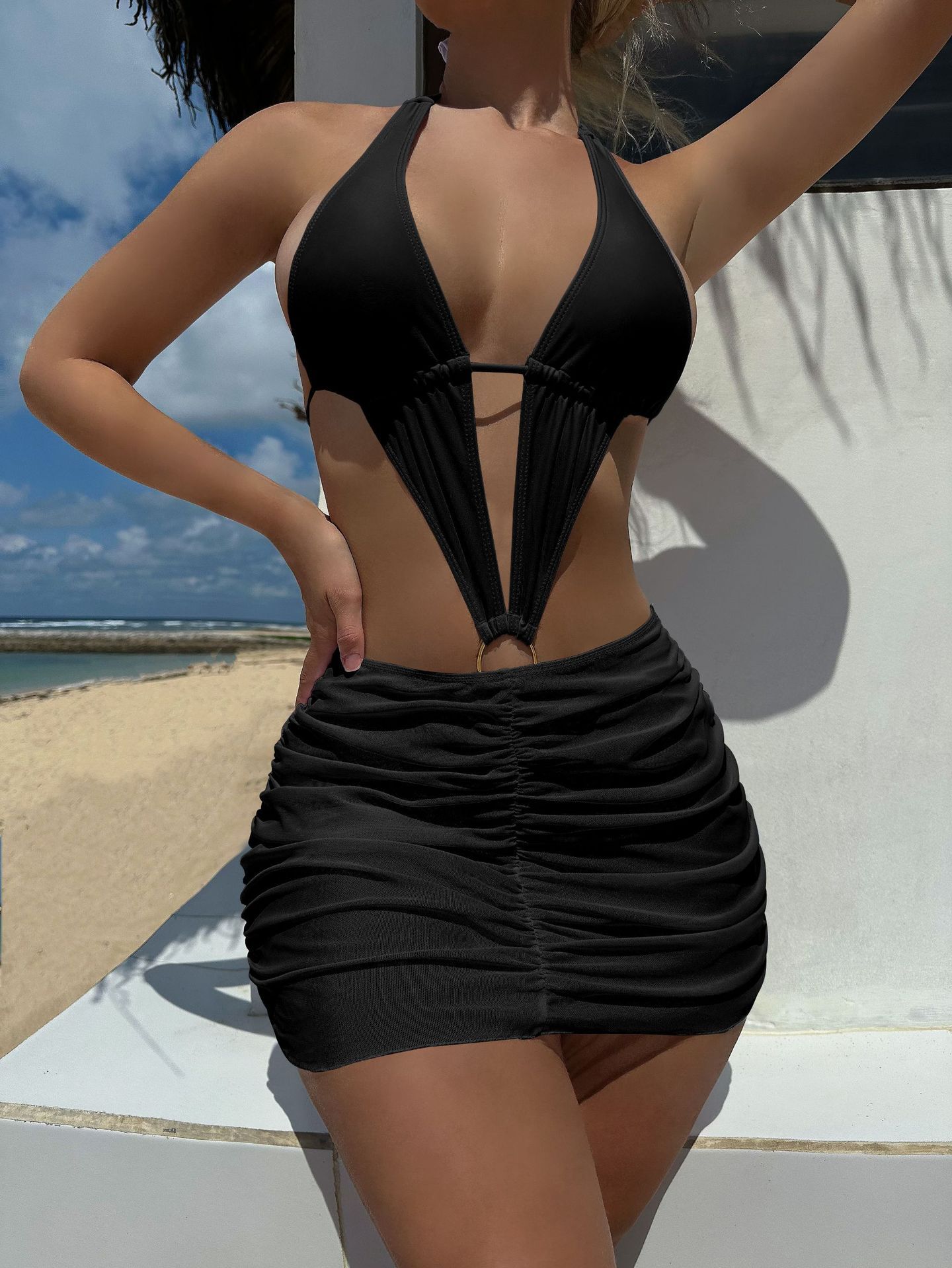 New Sexy 4 Color With Skirt Halter One Piece With Skirt Swimsuit Women Swimwear Female Monokini High Leg Cut Bather Bathing Suit Swim