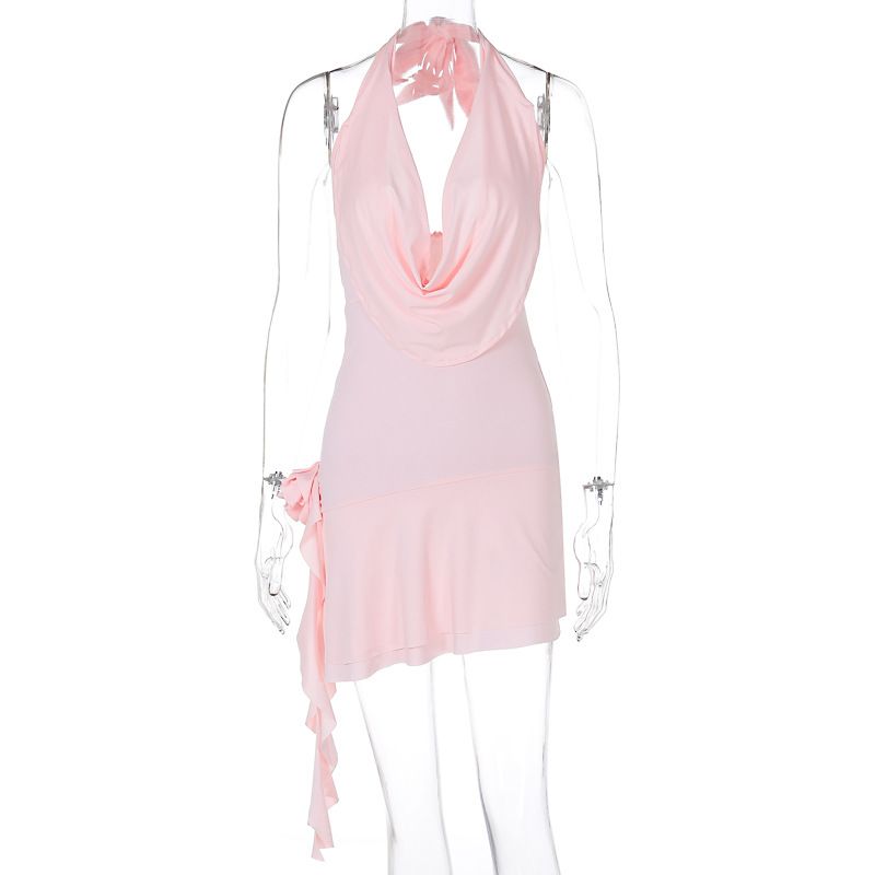 3d Floral Applique Ruffle Halter Mini Dresses Birthday Party Pink Black Cowl Neck Backless Clubbing Dress