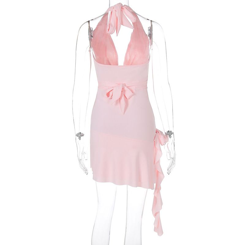 3d Floral Applique Ruffle Halter Mini Dresses Birthday Party Pink Black Cowl Neck Backless Clubbing Dress