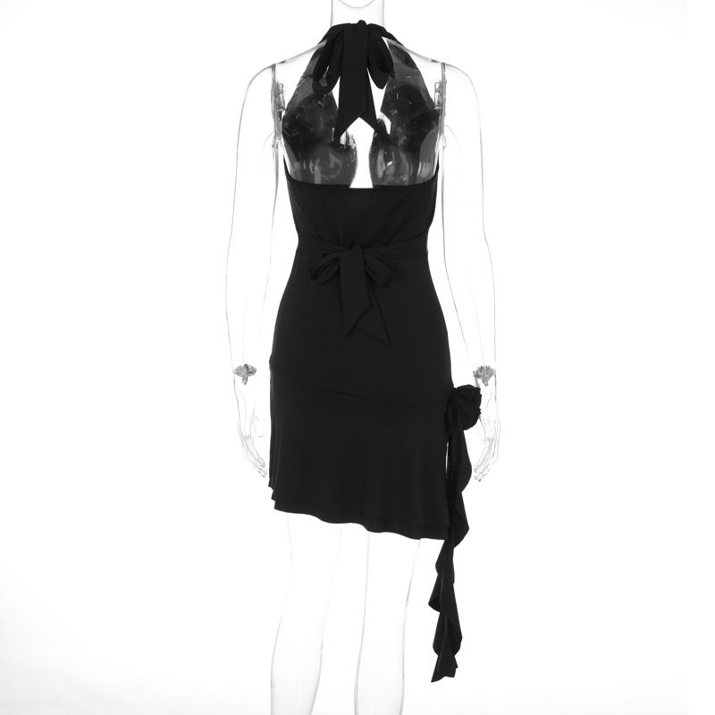 3d Floral Applique Ruffle Halter Mini Dresses Birthday Party Pink Black Cowl Neck Backless Clubbing Dress
