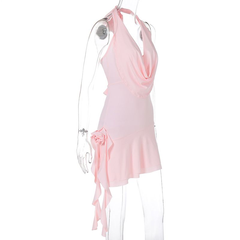 3d Floral Applique Ruffle Halter Mini Dresses Birthday Party Pink Black Cowl Neck Backless Clubbing Dress