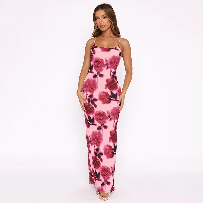 2025 Summer Floral Print Camisole Maxi Dress Women Sexy Spaghetti Straps Lace Up Backless Bodycon Vacation Beach Long Robe