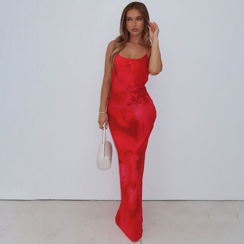 2025 Summer Floral Print Camisole Maxi Dress Women Sexy Spaghetti Straps Lace Up Backless Bodycon Vacation Beach Long Robe