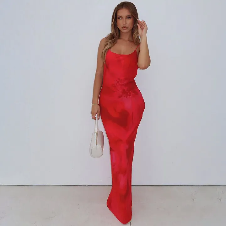 2025 Summer Floral Print Camisole Maxi Dress Women Sexy Spaghetti Straps Lace Up Backless Bodycon Vacation Beach Long Robe