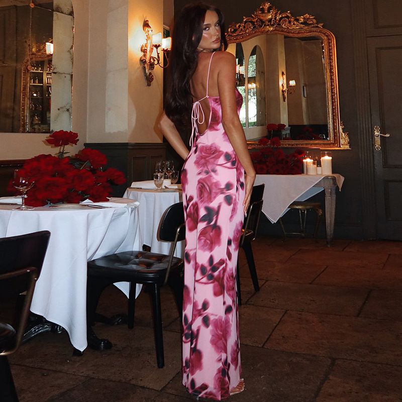 2025 Summer Floral Print Camisole Maxi Dress Women Sexy Spaghetti Straps Lace Up Backless Bodycon Vacation Beach Long Robe