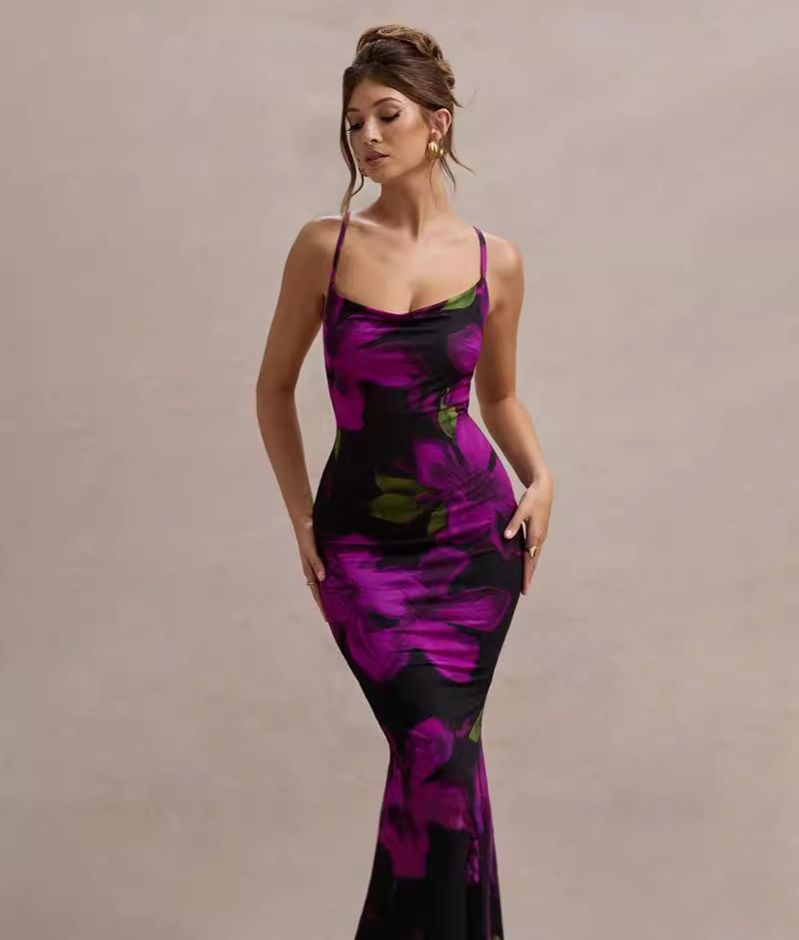 Sleeveless Backless Bodycon Flower Print Cami Maxi Dress Women'S Sexy Elegant Casual Long Dress Party Club Summer Outfit
