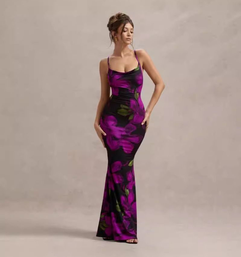 Sleeveless Backless Bodycon Flower Print Cami Maxi Dress Women'S Sexy Elegant Casual Long Dress Party Club Summer Outfit
