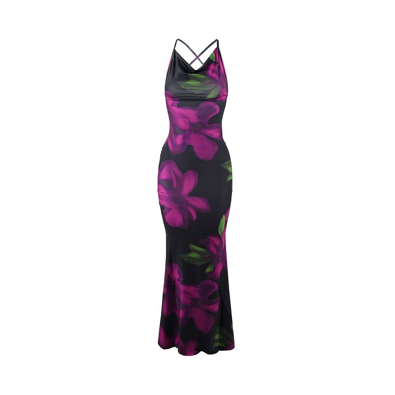 Sleeveless Backless Bodycon Flower Print Cami Maxi Dress Women'S Sexy Elegant Casual Long Dress Party Club Summer Outfit