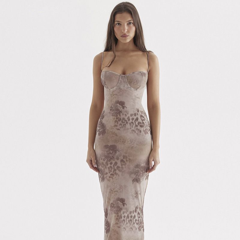 Leopard Print Bodycon Dress Sexy Maxi Spaghetti Strap Wedding Guest Dress Elegant Events Lace Up Women's Clothing