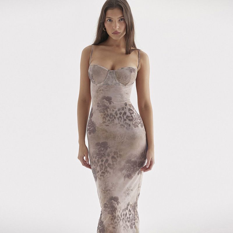 Leopard Print Bodycon Dress Sexy Maxi Spaghetti Strap Wedding Guest Dress Elegant Events Lace Up Women's Clothing