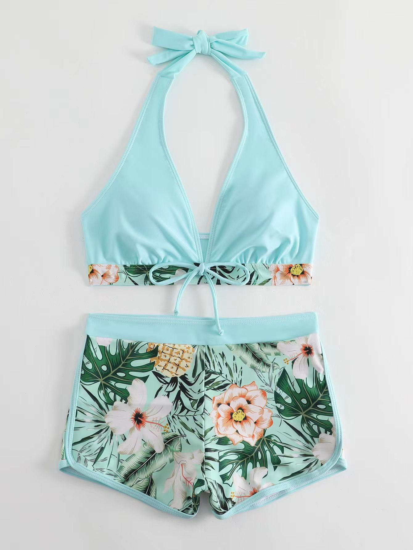 Women's Paneled Printed Swimsuit Ladies Fashion Sexy Split Boxer High Waist Swimsuit Two-Piece Set V-Neck Bathing Suits Female