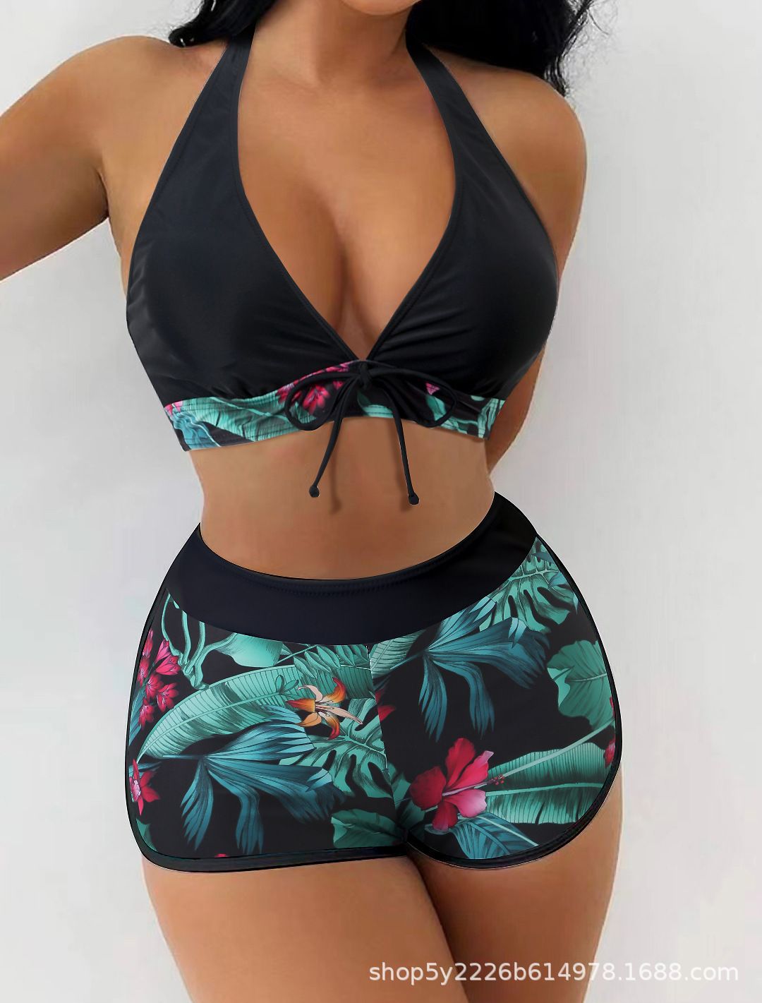 Women's Paneled Printed Swimsuit Ladies Fashion Sexy Split Boxer High Waist Swimsuit Two-Piece Set V-Neck Bathing Suits Female