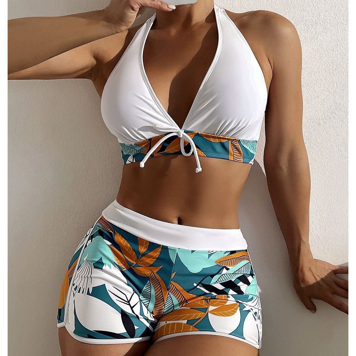 Women's Paneled Printed Swimsuit Ladies Fashion Sexy Split Boxer High Waist Swimsuit Two-Piece Set V-Neck Bathing Suits Female