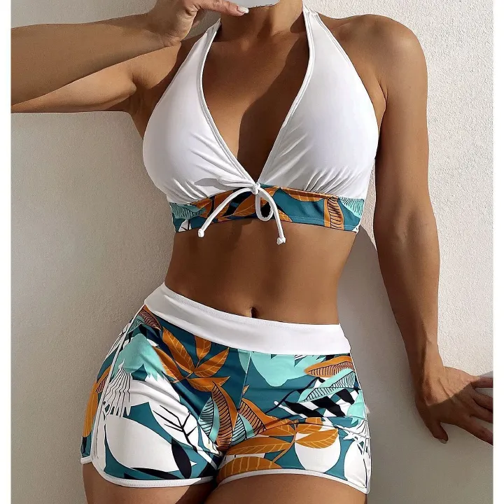 Women's Paneled Printed Swimsuit Ladies Fashion Sexy Split Boxer High Waist Swimsuit Two-Piece Set V-Neck Bathing Suits Female