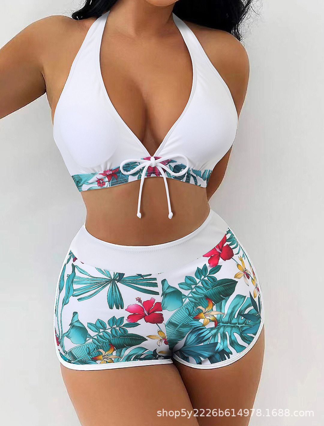 Women's Paneled Printed Swimsuit Ladies Fashion Sexy Split Boxer High Waist Swimsuit Two-Piece Set V-Neck Bathing Suits Female