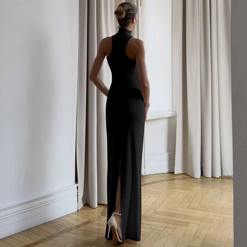 Off-shoulder Sexy Maxi Dress Women Gown Summer New Ring Metal Sleeveless Backless Skinny Knit Long Dress R0215A