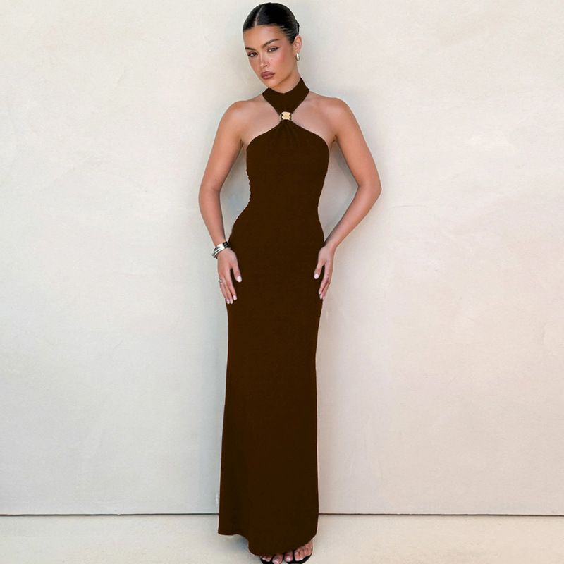 Off-shoulder Sexy Maxi Dress Women Gown Summer New Ring Metal Sleeveless Backless Skinny Knit Long Dress R0215A
