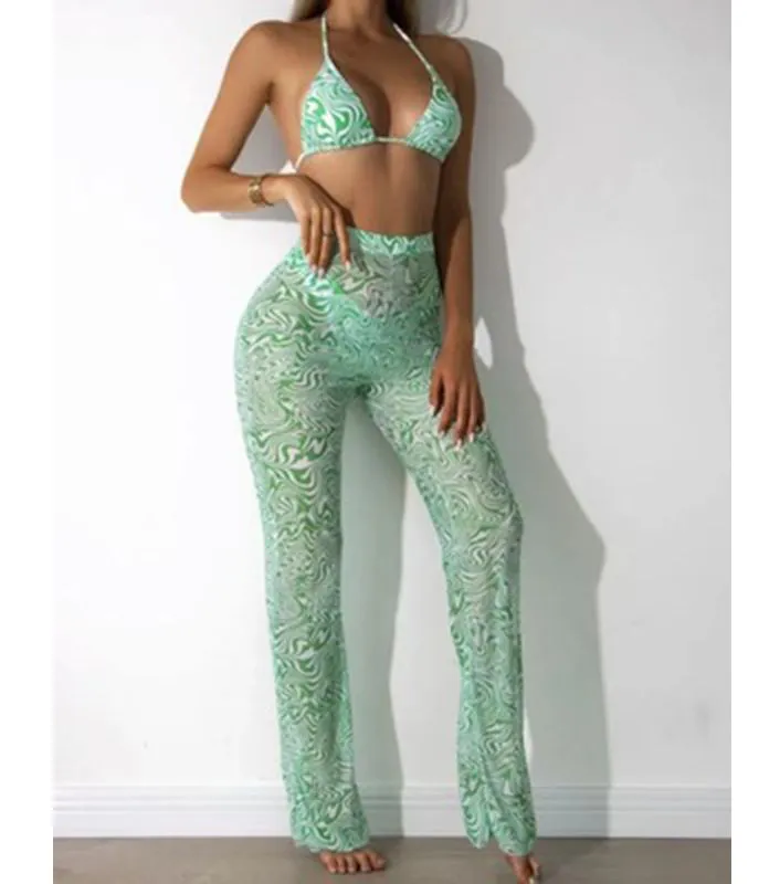 High Waist Bikini Set Print Swimwear Women Halter sSwimsuit Womne's Swimming Suit Ruffle Long 3 Pieces Set Sexy Bathing Suit