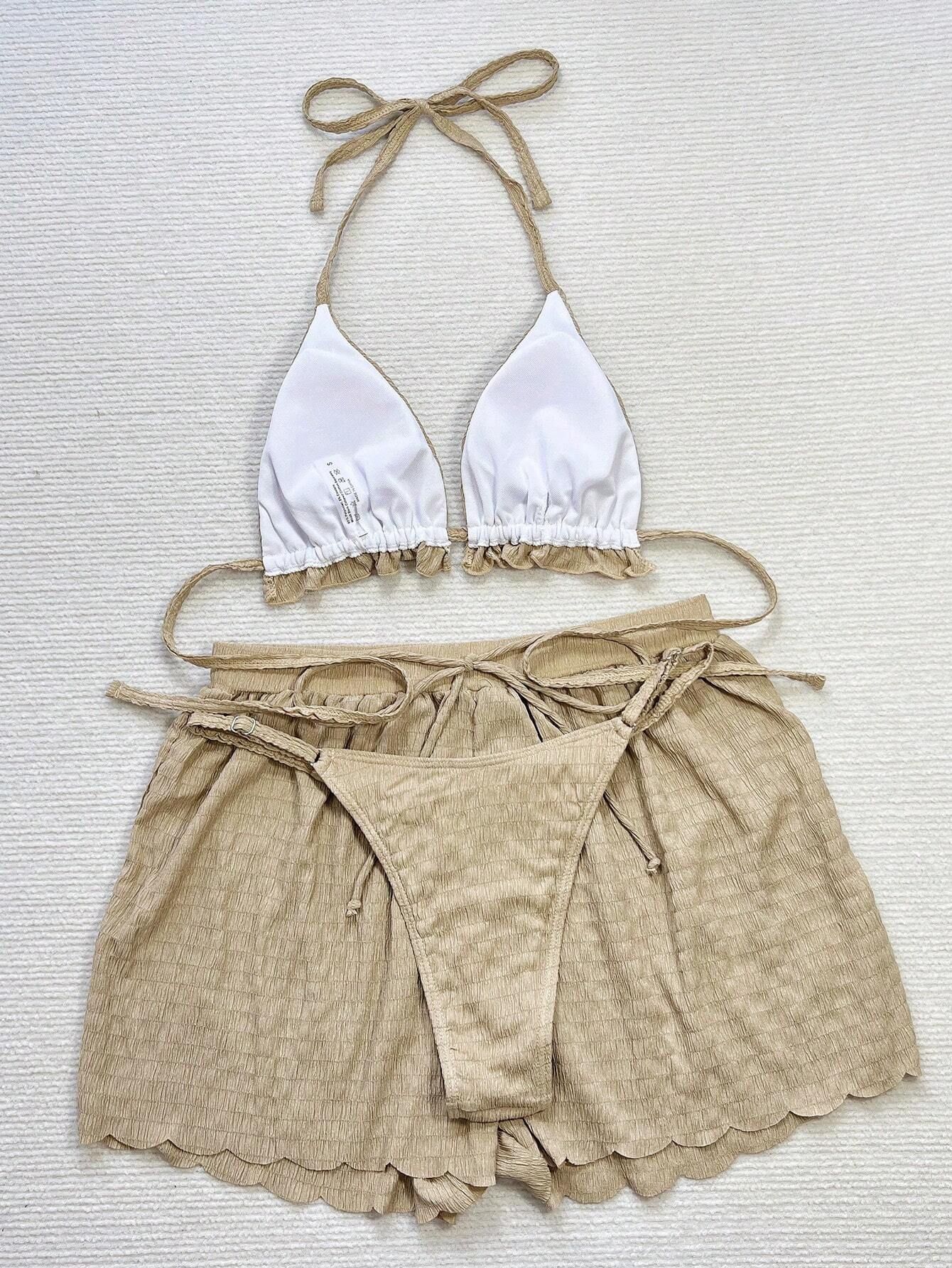 Ruffled Firlled Halter Bikini Women Swimwear Female Swimsuit Three-pieces Bikini set With Shorts Bather Bathing Suit Swim