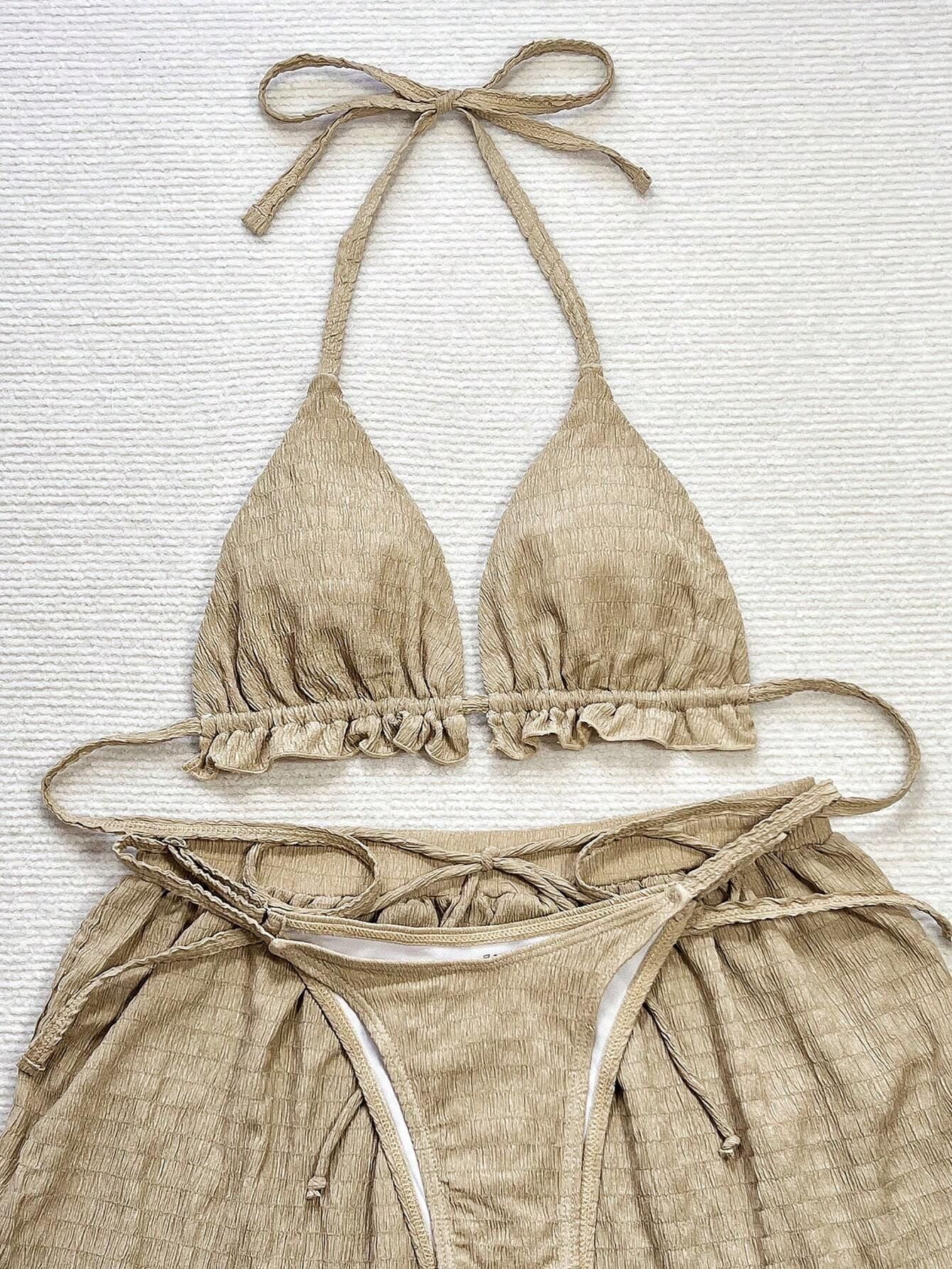 Ruffled Firlled Halter Bikini Women Swimwear Female Swimsuit Three-pieces Bikini set With Shorts Bather Bathing Suit Swim