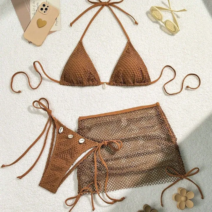 New Sexy Net Bikinis Female Swimsuits Women Three-Piece Swimwear Beach Swim Wear Bathing Suits Brazilian Bikini Set Pool Bather