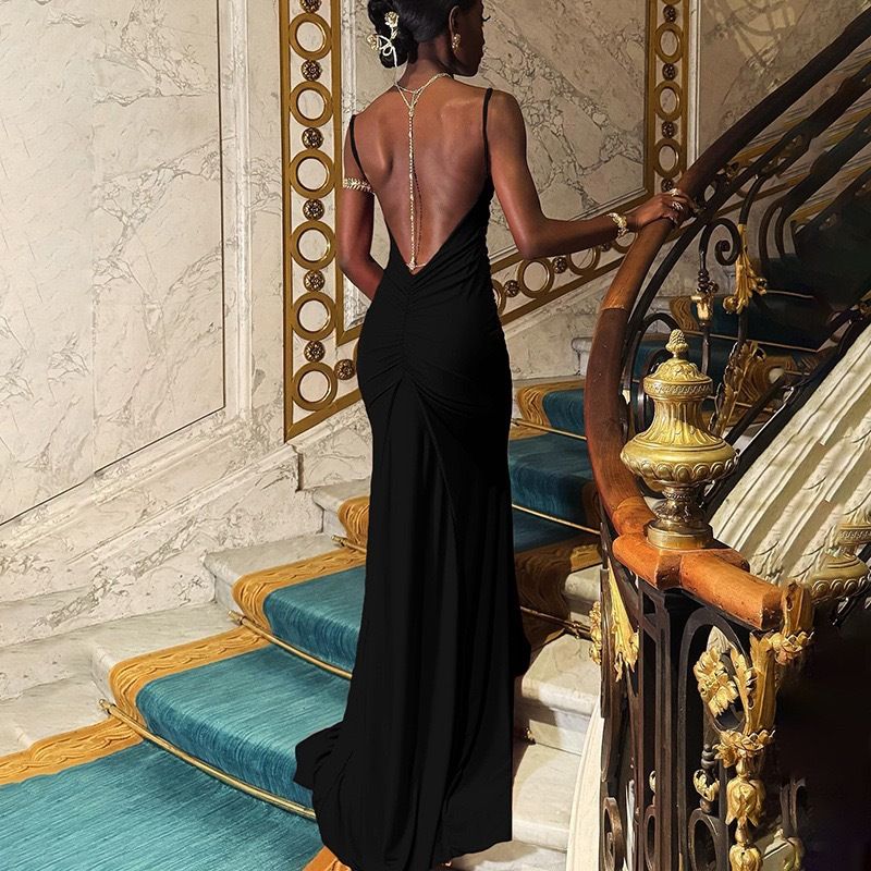 Sexy Backless Lace Up Women Maxi Dress Black Backless Deep V-neck Dress Female Summer Skinny Elegant Party Clubwear R0272