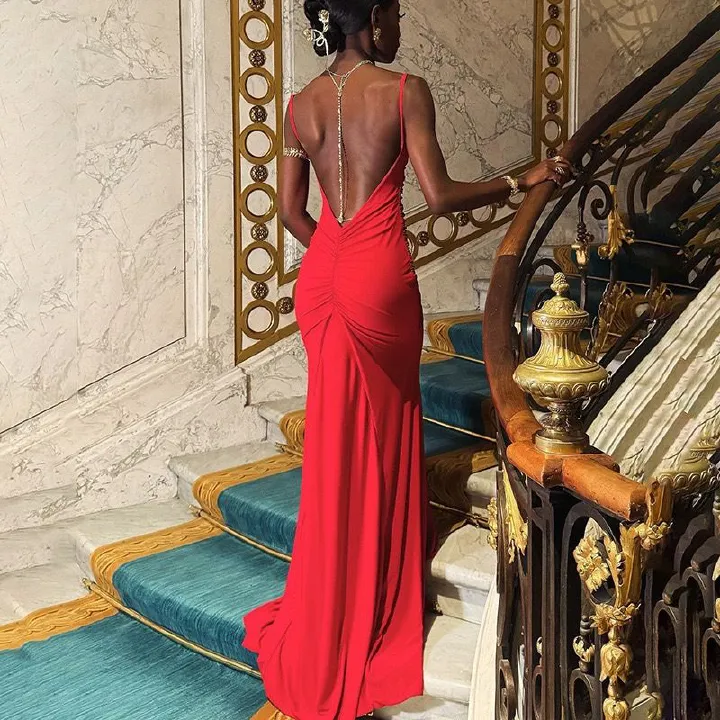 Sexy Backless Lace Up Women Maxi Dress Black Backless Deep V-neck Dress Female Summer Skinny Elegant Party Clubwear R0272