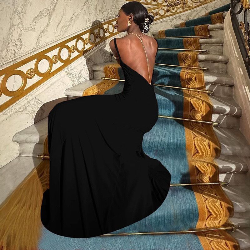 Sexy Backless Lace Up Women Maxi Dress Black Backless Deep V-neck Dress Female Summer Skinny Elegant Party Clubwear R0272