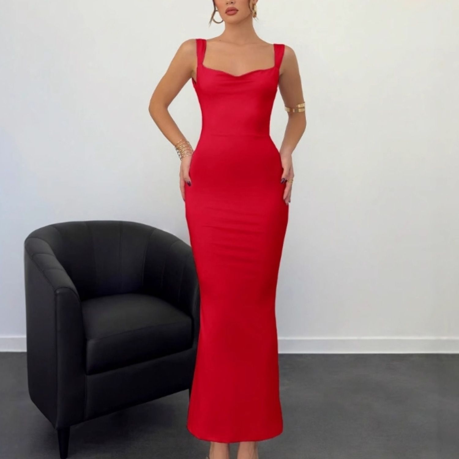 Women Elegant Solid Square Collar Straps Sexy Bodycon Maxi Prom Dress Summer Women Y2K Clothes Evening Party Birthday