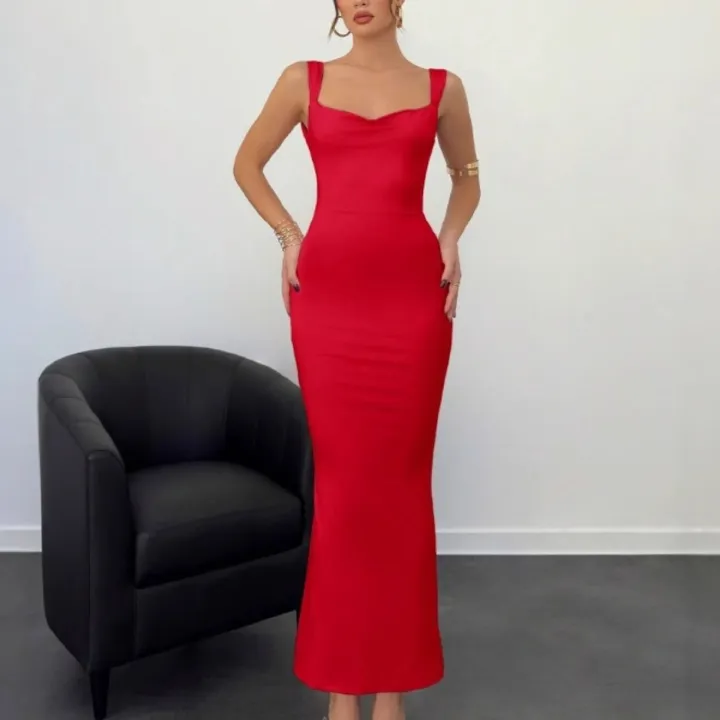 Women Elegant Solid Square Collar Straps Sexy Bodycon Maxi Prom Dress Summer Women Y2K Clothes Evening Party Birthday