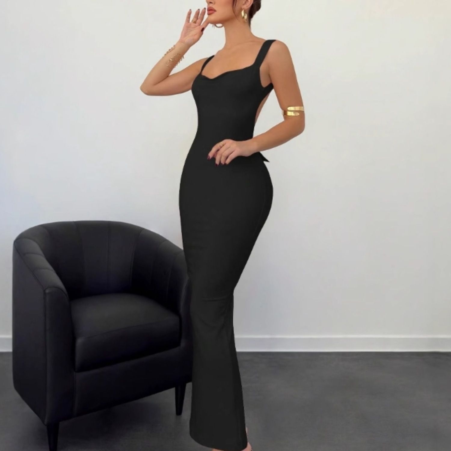 Women Elegant Solid Square Collar Straps Sexy Bodycon Maxi Prom Dress Summer Women Y2K Clothes Evening Party Birthday