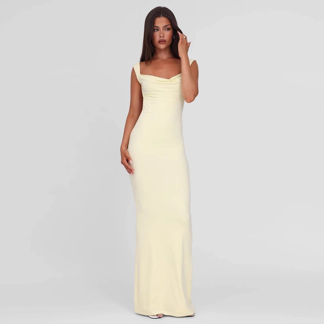 Women Elegant Solid Square Collar Straps Sexy Bodycon Maxi Prom Dress Summer Women Y2K Clothes Evening Party Birthday