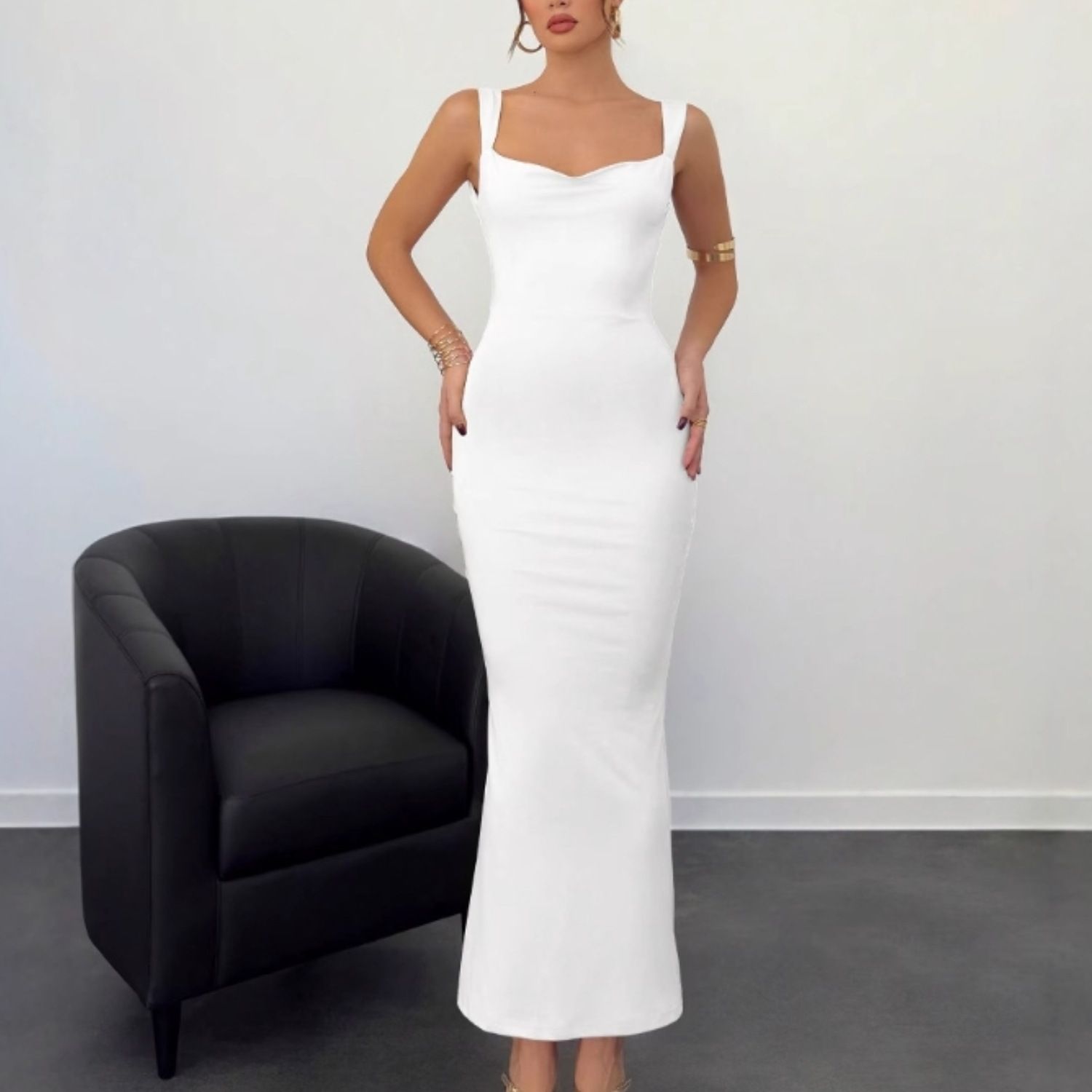 Women Elegant Solid Square Collar Straps Sexy Bodycon Maxi Prom Dress Summer Women Y2K Clothes Evening Party Birthday