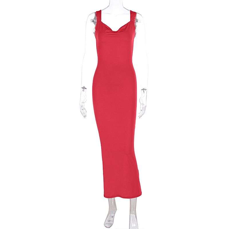 Women Elegant Solid Square Collar Straps Sexy Bodycon Maxi Prom Dress Summer Women Y2K Clothes Evening Party Birthday