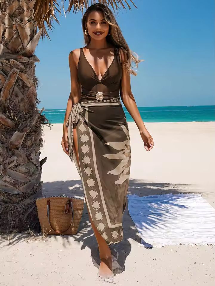 2Pieces Sexy Deep V Neck Swimwear with Mesh Cover-ups Women Summer One Piece Swimsuit Backless Beach Bathing Suit Sportswear