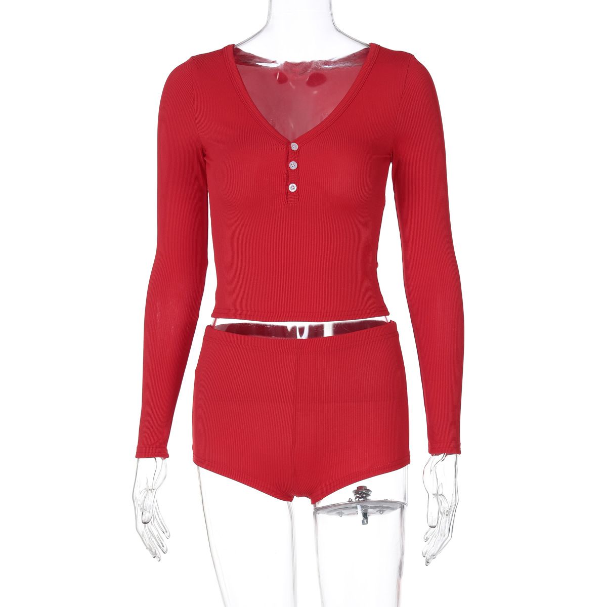 Women 2 Piece Pajamas Shorts Set Long Sleeve V Neck Button Down Cropped Tops Sexy Y2k Bodycon Shorts Pjs Loungewear Clothes R0333
