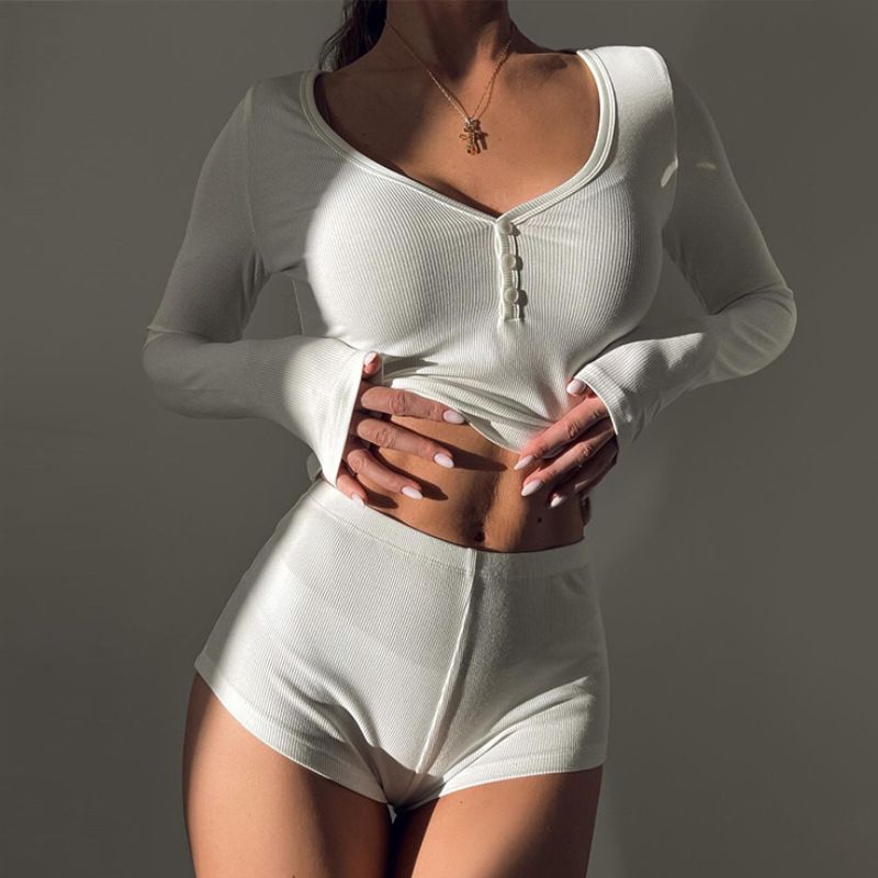 Women 2 Piece Pajamas Shorts Set Long Sleeve V Neck Button Down Cropped Tops Sexy Y2k Bodycon Shorts Pjs Loungewear Clothes R0333