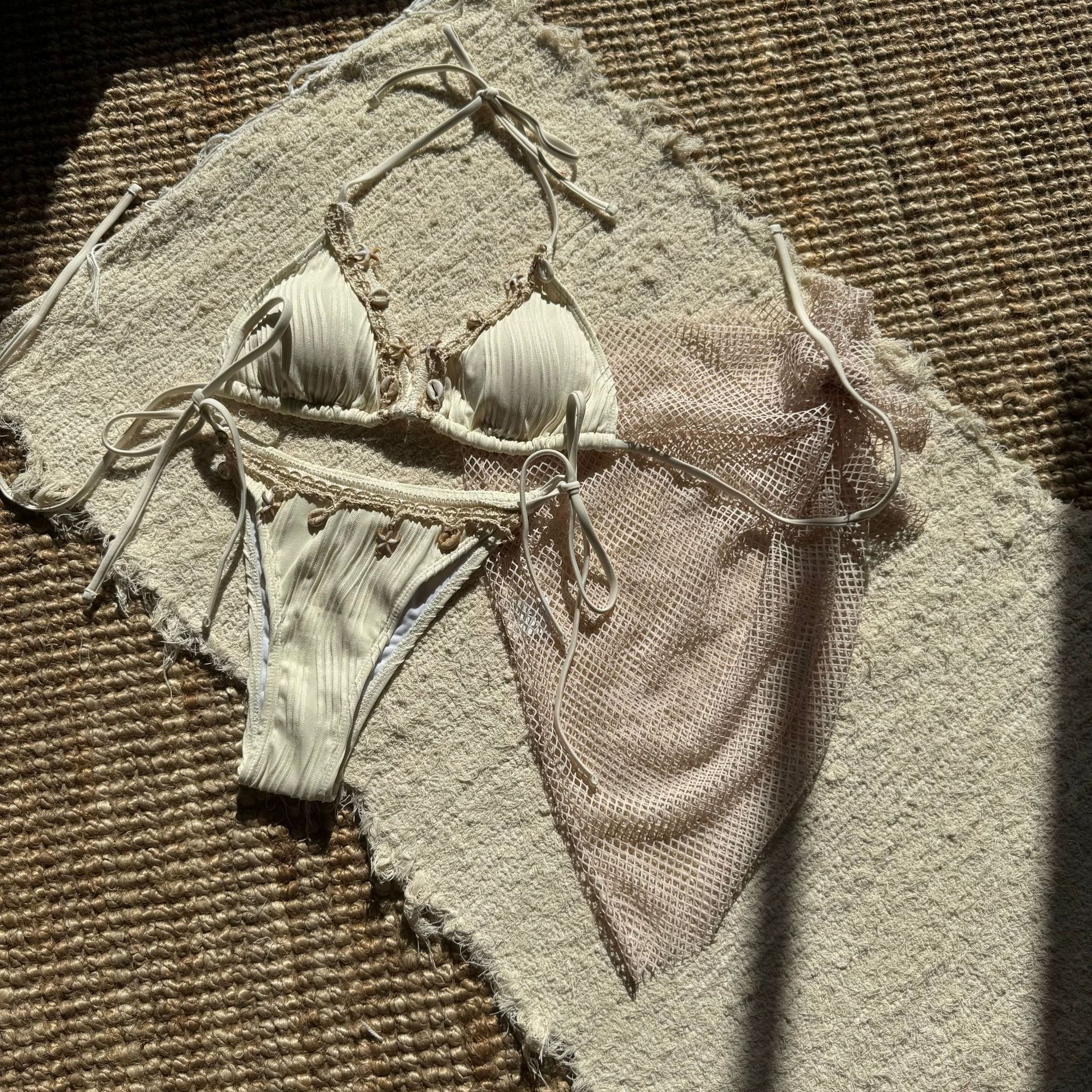 With Mesh Sarong Wrinkled Halter Shell Bikini Female Swimsuit Women Swimwear Three-pieces Bikini Set Bathing Suit Swim Beachwear R0142R