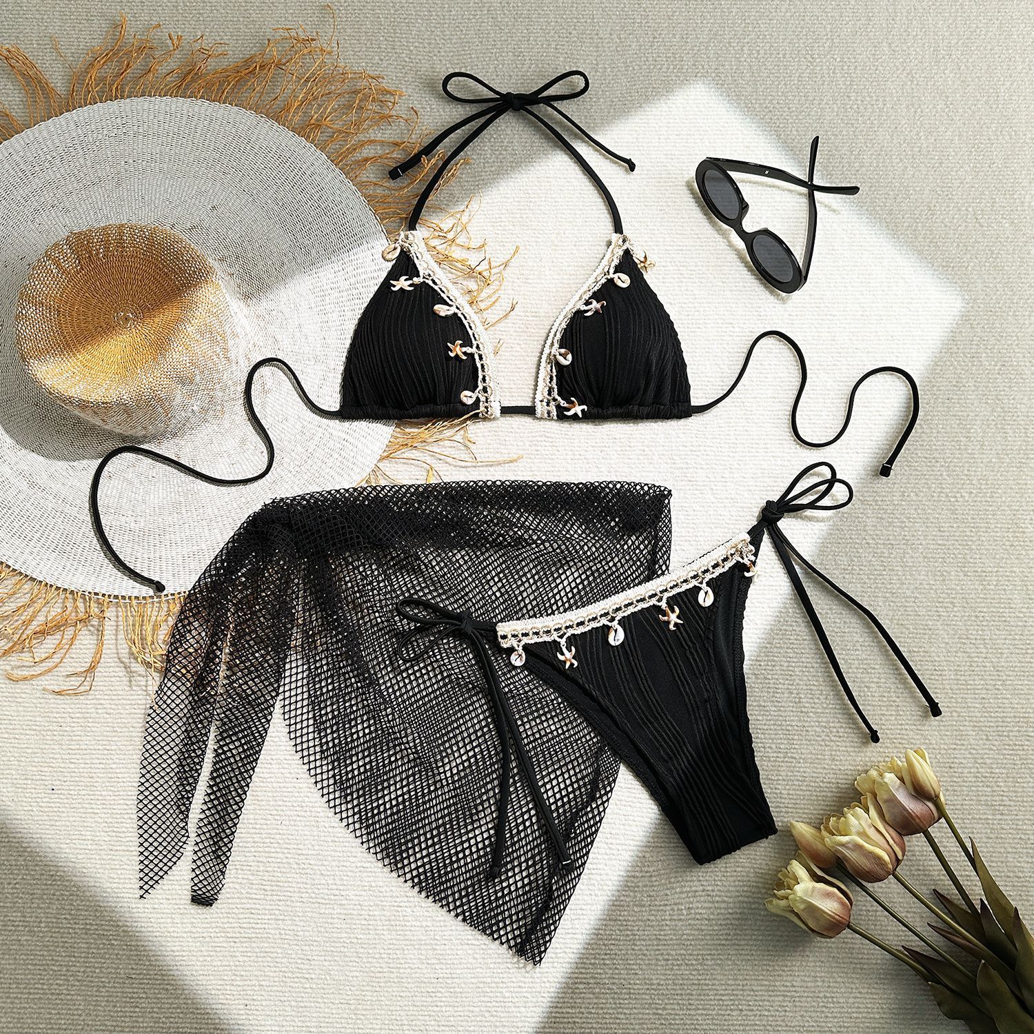 With Mesh Sarong Wrinkled Halter Shell Bikini Female Swimsuit Women Swimwear Three-pieces Bikini Set Bathing Suit Swim Beachwear R0142R