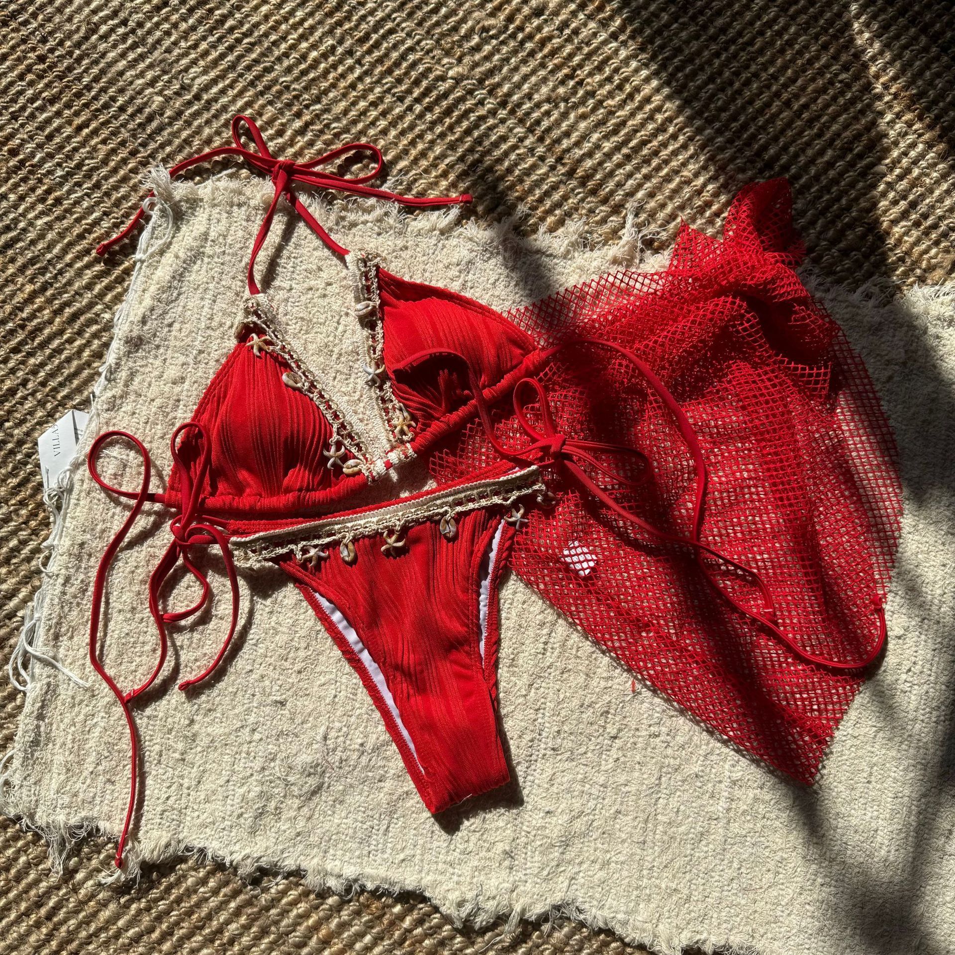 With Mesh Sarong Wrinkled Halter Shell Bikini Female Swimsuit Women Swimwear Three-pieces Bikini Set Bathing Suit Swim Beachwear R0142R