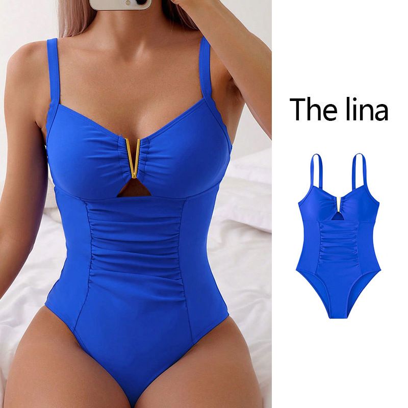 2025 V Neck Pleated Swimsuits Female Swimwear One Piece Swimsuit Women High Cut Bather Bathing Suit Swim Beachwear Slim Bodysuit R0148R